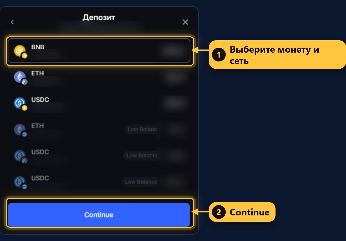 Polymarket: выбор актива для депозита